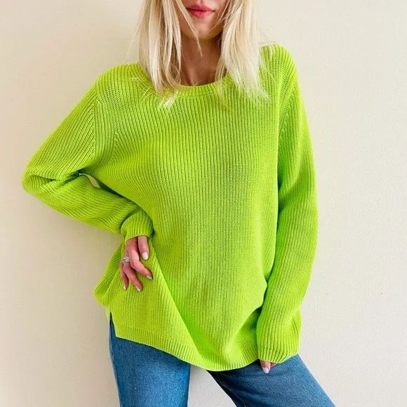 New 525 neon green ribbed knit cotton pullover sweater jumper - Picture 2 of 8